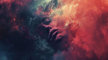 Poster - A surreal abstract image featuring a human face blending into fiery reds and cool blues, creating an intense and emotive visual experience.