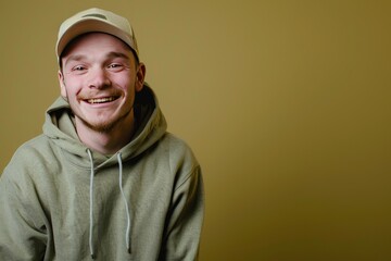 Wall Mural - a cheerful young man in his twenties with a cap and hoodie, against a solid orange background