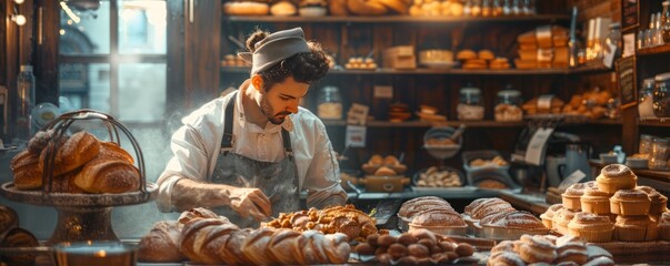 A baker carefully crafting delicate pastries and desserts in a cozy bakery, the scent of freshly baked goods filling the air.