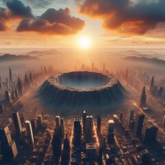 Wall Mural - a giant crater in the center of a vast city skyline at sunset.