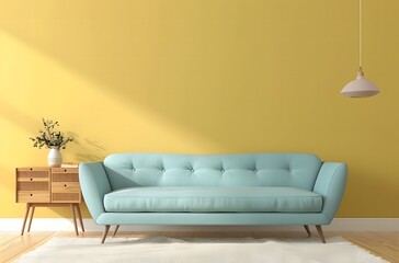 Minimalist living room with a pastel blue sofa and wooden sideboard against a yellow wall