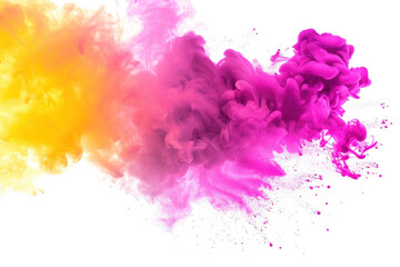 Wall Mural - Pink and yellow dynamic dual color smoke bomb explosion. Neon colored clouds on transparent background.