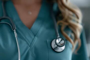 Closeup of a stethoscope on a nurse's scrubs.