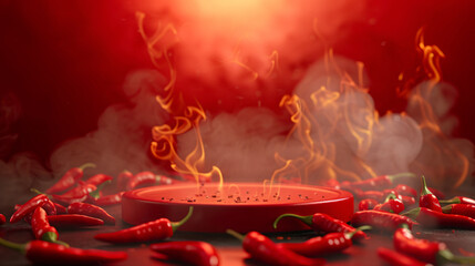Red hot podium on fire, flaming chili spicy product stand with burning background
