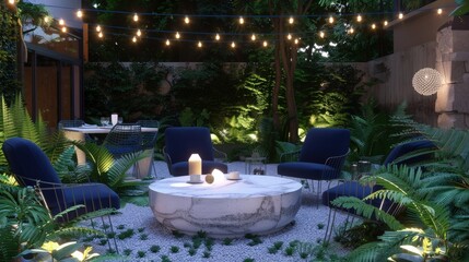 Wall Mural - Lounge and dining area at a modern residential backyard, lit by cool blue string lights, surrounded by ferns.