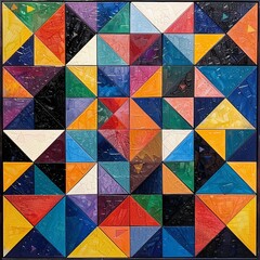 Canvas Print - This image showcases a vibrant geometric mosaic where numerous colorful triangular patterns are meticulously arranged in a perfect symmetrical grid, creating a stunning visual harmony.