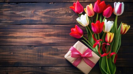 Wall Mural - vibrant tulips arranged with a gift box on a wooden surface in red and white overhead view with room