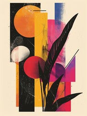 Poster - This artwork captures abstract shapes, colorful backgrounds, and black leaves intertwining with geometric patterns, creating a vivid and dynamic balance of elements.