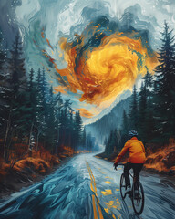 Wall Mural - Illustration of person riding a bike in the forest