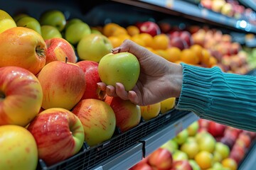 Wall Mural - Hand Reaching for a Green Apple in a Grocery Store