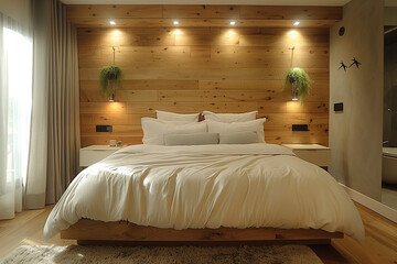 Poster - Interior of hotel bedroom with bed, closeup