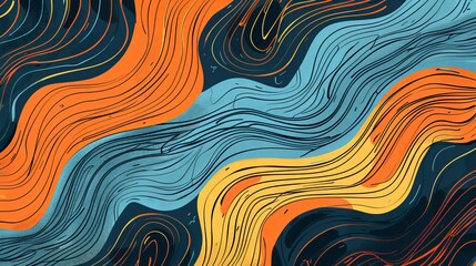 Sticker - The image features an abstract artwork with bold, wavy patterns in striking orange, blue, and yellow hues, evoking a sense of movement and energy.