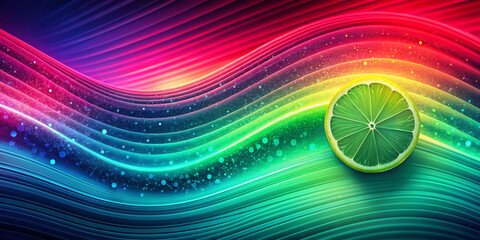 Wall Mural - Bright lime wedge stands in front of a colorful background swirling with rainbow hues and dotted patterns.Waves of color create a dynamic and lively composition,highlighting the freshness the lemon.AI