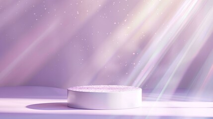 Wall Mural - white cylinder podium on pastel purple background with rainbow light rays and glitter, mockup for pr