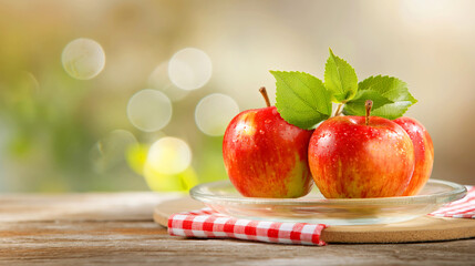 Wall Mural - Fresh Red Apples on Wooden Table with Green Leaves and Warm Sunlight in Background