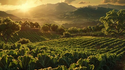 Poster - Golden sunlight bathes a sprawling kale farm creating a tranquil and plentiful scenery