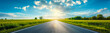 © somwut - Landscape Of wide asphalt road with green fields on both sides, a clear sky with blue and white clouds, bright sunshine. Panoramic view of beautiful spring scenery.