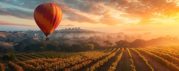 Wall Mural - A couple taking a scenic hot air balloon ride over rolling vineyards, enjoying panoramic views and sipping champagne.