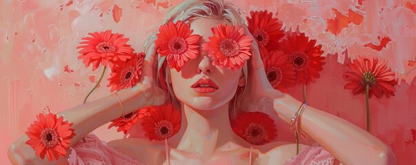 Wall Mural - art portrait of woman in pink dress holding red germini flowers in front of her eyes,