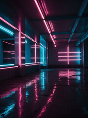 Wall Mural - Moody ambiance with neon lights and spotlights, casting pink and blue hues on a reflective concrete surface.