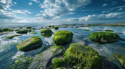 Rock covered in green mossy algae on the surface of shallow marine waters
