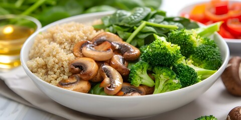 Wall Mural - Nutritious Vegetarian Bowl Flat Lay Featuring Broccoli, Mushrooms, Spinach, and Quinoa. Concept Healthy Eating, Vegetarian Cuisine, Nutrient-packed Dish, Green Veggies, Plant-based Meal