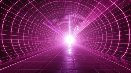 Wall Mural - Radial magenta light through a tunnel glowing in the darkness, showcasing grid-like patterns and a vivid core for e-commerce signs, providing a captivating visual.