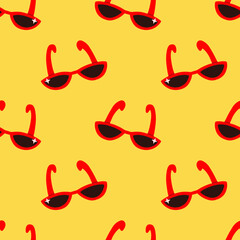 Summer pattern with red cartoon sunglasses on yellow background. Seamless colorful pattern for wrapping paper, notebook cover