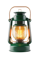 A vintage green lantern with a warm isolated on White background., glowing light inside. The lantern has a handle and a clear glass globe.