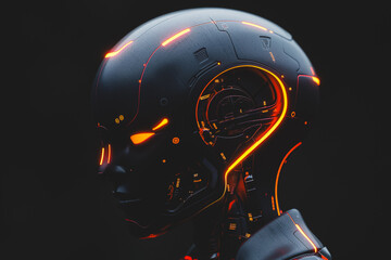 Wall Mural - a robot head with orange glowing eyes and a black body
