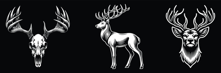 Set of deer isolated on black background, vector illustration.