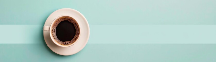 top view of a cup of coffee on a light blue background. minimalist, modern design great for advertis