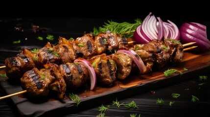 Two skewers of perfectly grilled meat and vegetables placed on a wooden board garnished with fresh dill and served with sliced red onions on the side.