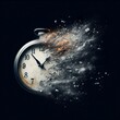 © Omar - Fleeting time concept. Analog clock dissolving on black background