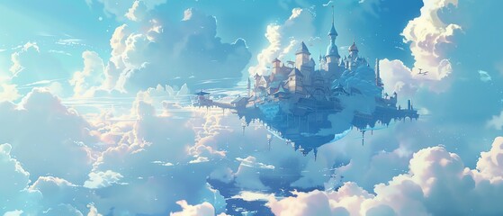 Floating castle with a vast sky and fluffy clouds in a whimsical scene