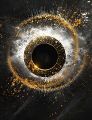 Wall Mural - Black circle in center, golden circles around. Particles in white and golden exploding outwards. Black background.. Card, banner. for fantasy creative cosmos.