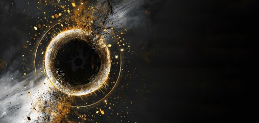 Wall Mural - Black circle in center, golden circles around. Particles in white and golden exploding outwards. Black background.. Card, banner. for fantasy creative cosmos.