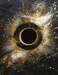Wall Mural - Black circle in center, golden circles around. Particles in white and golden exploding outwards. Black background.. Card, banner. for fantasy creative cosmos.