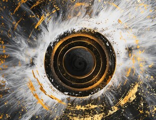 Wall Mural - Black circle in center, golden circles around. Particles in white and golden exploding outwards. Black background.. Card, banner. for fantasy creative cosmos.