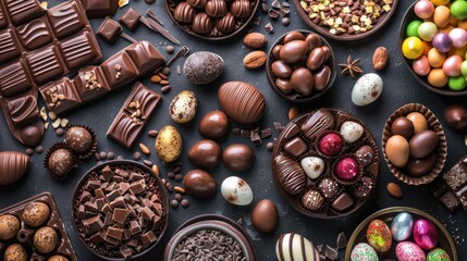 Wall Mural - Top view of a variety of chocolate eggs and sweets on a chocolate themed background