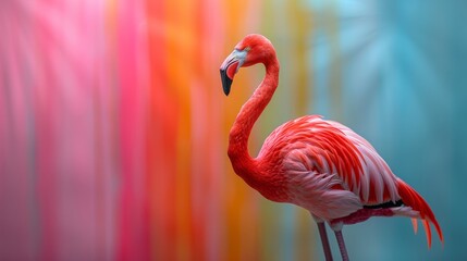 Flamingo with vibrant, colorful background, close-up view. Wildlife and nature concept