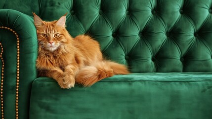 A red-haired cat is lying on the couch, a place for text