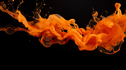 Orange Color Ink Fluid Waves Flowing on Black Background, Abstract Image, Texture, Pattern Background, Wallpaper, Background, Cell Phone Cover and Screen, Smartphone, Computer, Laptop, 9:16 and 16:9 F