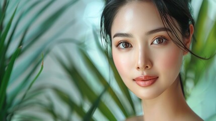 Beautiful young asian woman with clean fresh skin on background, Face care, Facial treatment, Cosmetology, beauty and spa, Asian women portrait. SPA concept