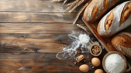 Wall Mural - Bread bakery background top food view fresh white wheat loaf. Background food flour bakery top bread slice pastry brown breakfast bake organic cut table french grain baguette board wood whole wooden
