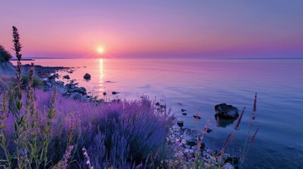 Wall Mural - The sun dips below the horizon on the Black Sea coast under a lavender and soft pink sky, offering a quiet and romantic evening scene.