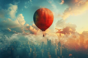 Wall Mural - Hot Air Balloon Soaring Above Cityscape