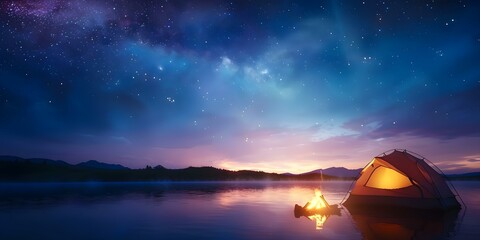 Embracing Tranquility Lakeside Camping with Tents, Campfires, and Stargazing. Concept Lakeside Camping, Tents, Campfires, Stargazing, Nature Photography