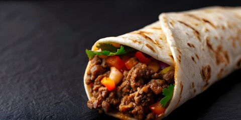 Sticker - Mexican Favorite Beef Burrito with Vegetables on a Black Background. Concept Food Photography, Mexican Cuisine, Beef Burrito, Vegetables, Black Background