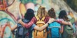 © Dmitriy - Four friends stand close together, embracing, against a colorful graffiti wall